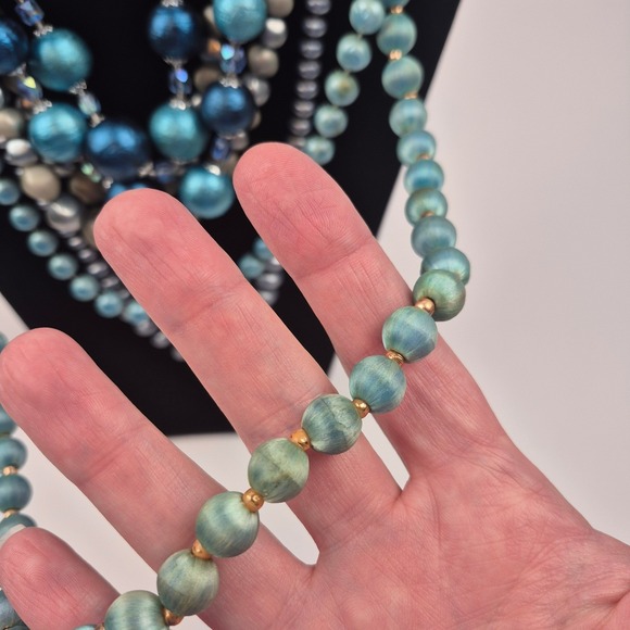 Vtg Beaded Necklace Lot 5pc Blue Green Japan Marked Faux Pearl Velvet Layering - Picture 3 of 16